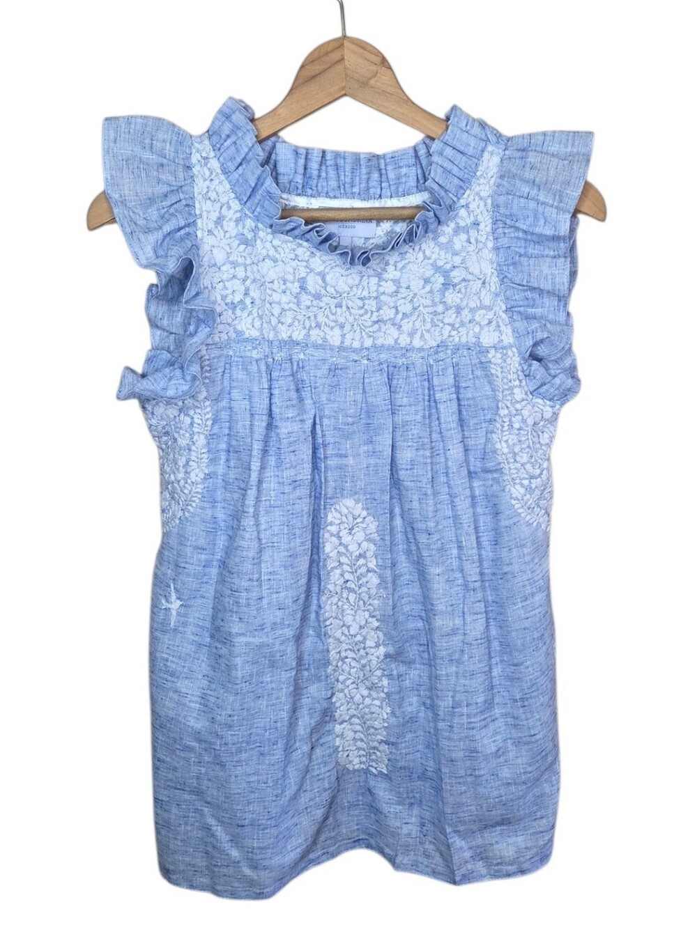 Mi Golondrina Chambray Blue & White Floral Embroidered Tunic Top Size XS Boho
